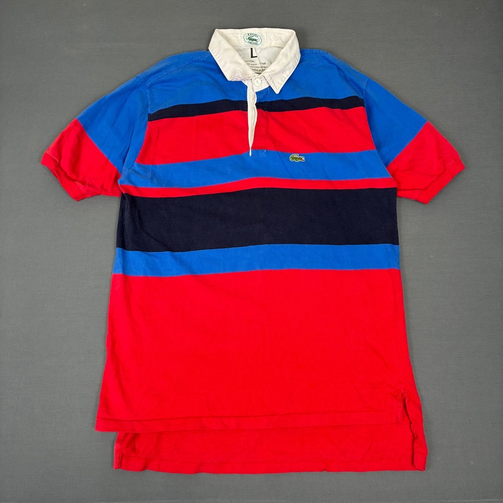 Vintage Izod Lacoste Striped Polo Shirt Men's Medium Red Blue Black Made in USA
